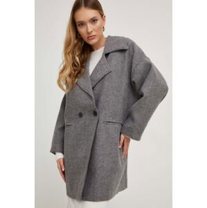 Vlnený kabát Answear Lab šedá farba, prechodný, dvojradový