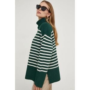 Vlnený sveter Answear Lab zelená farba, s rolákom