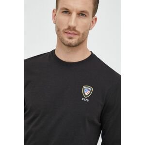 Bavlnené tričko s dlhým rukávom Blauer čierna farba, s potlačou