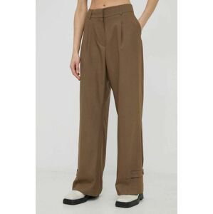 Nohavice s prímesou vlny Herskind Logan dámske, hnedá farba, široké, vysoký pás