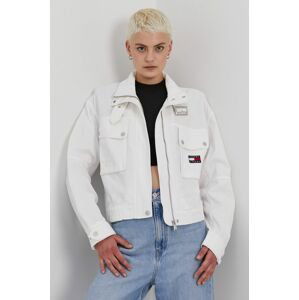 Rifľová bunda Tommy Jeans dámska, biela farba, prechodná, oversize