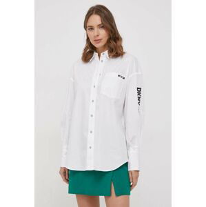 Bavlnená košeľa Dkny dámska, biela farba, voľný strih, s klasickým golierom