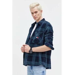 Fleecová košeľa Tommy Jeans tmavomodrá farba, voľný strih, s klasickým golierom