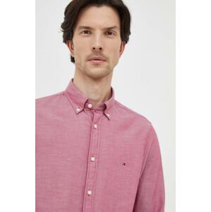 Bavlnená košeľa Tommy Hilfiger pánska, bordová farba, slim, s golierom button-down