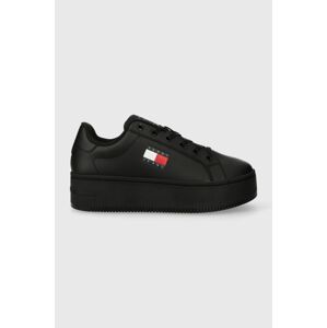 Kožené tenisky Tommy Jeans TJW FLATFORM ESS čierna farba, EN0EN02518