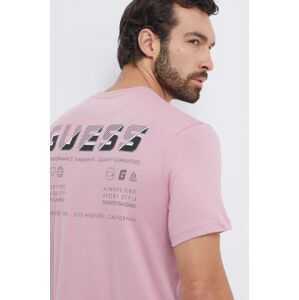 Bavlnené tričko Guess pánsky, ružová farba, s potlačou