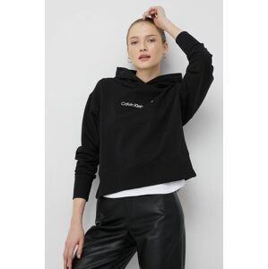 Bavlnená mikina Calvin Klein Jeans dámska, čierna farba, s kapucňou, jednofarebná