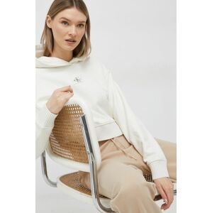 Bavlnená mikina Calvin Klein Jeans dámska, béžová farba, s kapucňou, s nášivkou