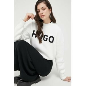 Bavlnený sveter HUGO biela farba