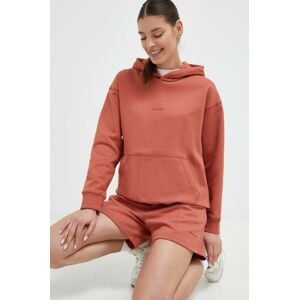 Bavlnená mikina New Balance dámska, červená farba, s kapucňou, jednofarebná