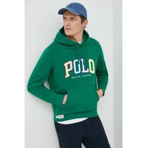 Mikina Polo Ralph Lauren pánska, zelená farba, s kapucňou, s nášivkou