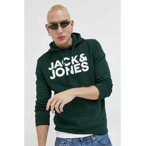 Mikina Jack & Jones JJECORP pánska, zelená farba, s kapucňou, s potlačou, 12152840