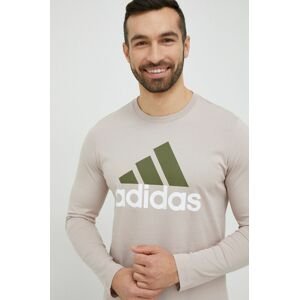 Bavlnené tričko s dlhým rukávom adidas pánske, béžová farba, s potlačou