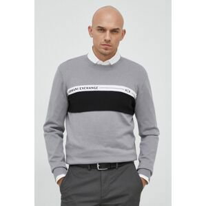 Bavlnený sveter Armani Exchange pánsky, šedá farba, tenký