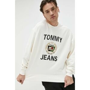 Bavlnená mikina Tommy Jeans pánska, béžová farba, s nášivkou