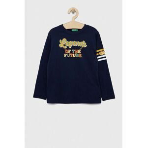 Detská bavlnená košeľa s dlhým rukávom United Colors of Benetton tmavomodrá farba, s potlačou