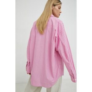 Bavlnená košeľa Samsoe Samsoe dámska, ružová farba, voľný strih, s klasickým golierom