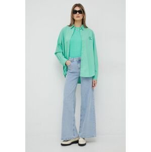 Bavlnená košeľa Calvin Klein Jeans dámska, tyrkysová farba, voľný strih, s klasickým golierom