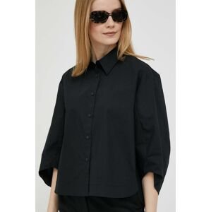 Bavlnená košeľa Sisley dámska, čierna farba, voľný strih, s klasickým golierom