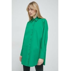 Bavlnená košeľa HUGO dámska, zelená farba, voľný strih, s klasickým golierom