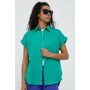 Ľanová košeľa Lauren Ralph Lauren zelená farba, voľný strih, s klasickým golierom