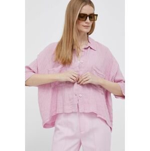 Ľanová košeľa Deha ružová farba, voľný strih, s klasickým golierom