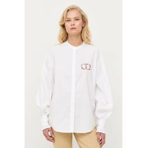 Bavlnená košeľa Twinset dámska, biela farba, voľný strih, so stojačikom