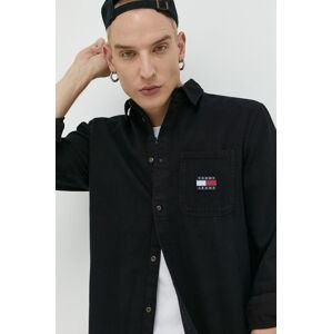 Rifľová košeľa Tommy Jeans pánska, čierna farba, regular, s klasickým golierom