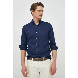 Ľanová košeľa Polo Ralph Lauren pánska, tmavomodrá farba, regular, s golierom button-down