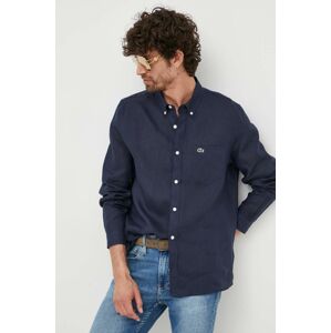 Ľanová košeľa Lacoste tmavomodrá farba, regular, s golierom button-down