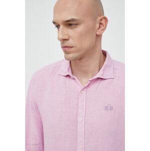 Ľanová košeľa La Martina ružová farba, regular, s klasickým golierom