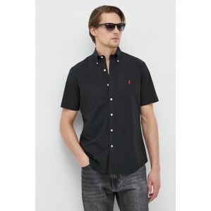 Košeľa Polo Ralph Lauren pánska, čierna farba, regular, s golierom button-down