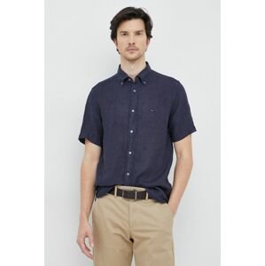 Ľanová košeľa Tommy Hilfiger tmavomodrá farba, regular, s golierom button-down