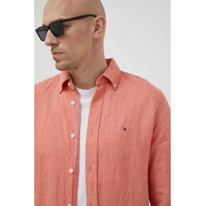 Ľanová košeľa Tommy Hilfiger ružová farba, regular, s golierom button-down