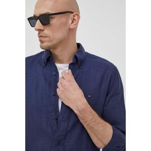 Ľanová košeľa Tommy Hilfiger tmavomodrá farba, regular, s golierom button-down