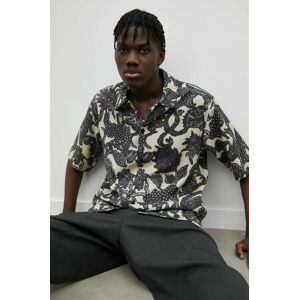 Košeľa Samsoe Samsoe pánska, čierna farba, voľný strih, s talianskym golierom