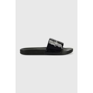 Šľapky Calvin Klein Jeans SLIDE METALLIC MONOLOGO dámske, čierna farba, YW0YW00638