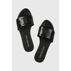 Kožené šľapky Calvin Klein Jeans FLAT SANDAL STRAP HW dámske, čierna farba, YW0YW00952