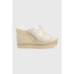 Šľapky Calvin Klein Jeans WEDGE SANDAL WEBBING dámske, béžová farba, na kline, YW0YW00961