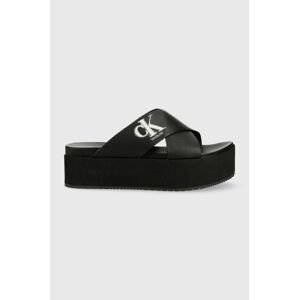 Kožené šľapky Calvin Klein Jeans FLATFORM CRISSX OVERSIZED BRAND dámske, čierna farba, na platforme, YW0YW00964