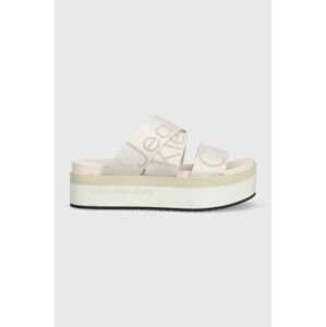 Šľapky Calvin Klein Jeans FLATFORM SANDAL WEBBING dámske, béžová farba, na platforme, YW0YW00966