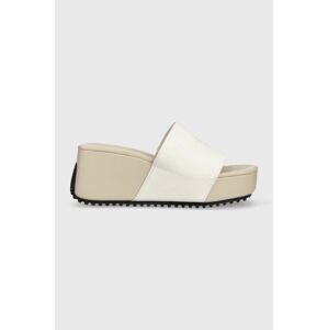 Semišové šľapky Calvin Klein Jeans WEDGE BLOCK SANDAL SU CON dámske, béžová farba, na kline, YW0YW01015