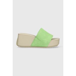 Semišové šľapky Calvin Klein Jeans WEDGE BLOCK SANDAL SU CON dámske, zelená farba, na kline, YW0YW01015