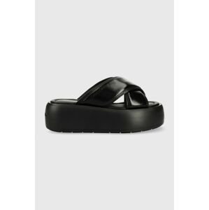 Kožené šľapky Calvin Klein BUBBLE SLIDE - PAT dámske, čierna farba, na platforme, HW0HW01469