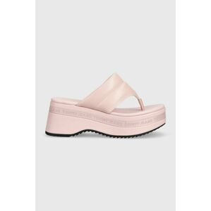 Kožené žabky Tommy Jeans SANDAL PADDED dámske, ružová farba, na platforme, EN0EN02075