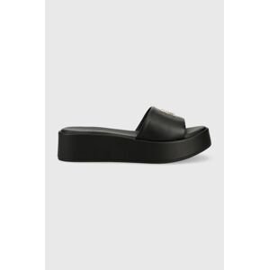 Kožené šľapky Tommy Hilfiger TH SLIP ON SANDAL FLATFORM dámske, čierna farba, na platforme, FW0FW07243