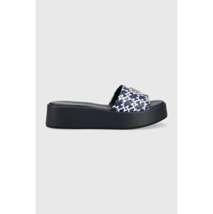 Kožené šľapky Tommy Hilfiger TH SLIP ON SANDAL FLATFORM MONO dámske, tmavomodrá farba, na platforme, FW0FW07244