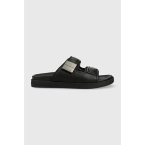 Kožené šľapky Calvin Klein DOUBLE STRAP SANDAL pánske, čierna farba, HM0HM00945