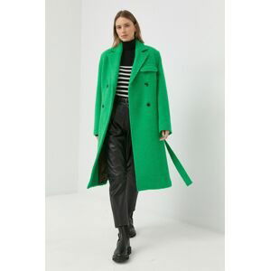 Vlnený kabát Samsoe Samsoe Milena zelená farba, prechodný, dvojradový