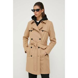 Kabát HUGO dámsky, béžová farba, prechodný, dvojradový